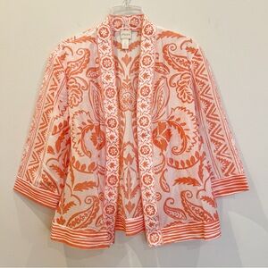 Chicos Kimono Jacket Top Women 2 Large Pink White Floral Silk Cotton Artsy Boho